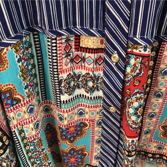Calessa Shirt Womens 2XL Blue Stripe Boho Patchwork Button Front Roll Tab New - Picture 4 of 10